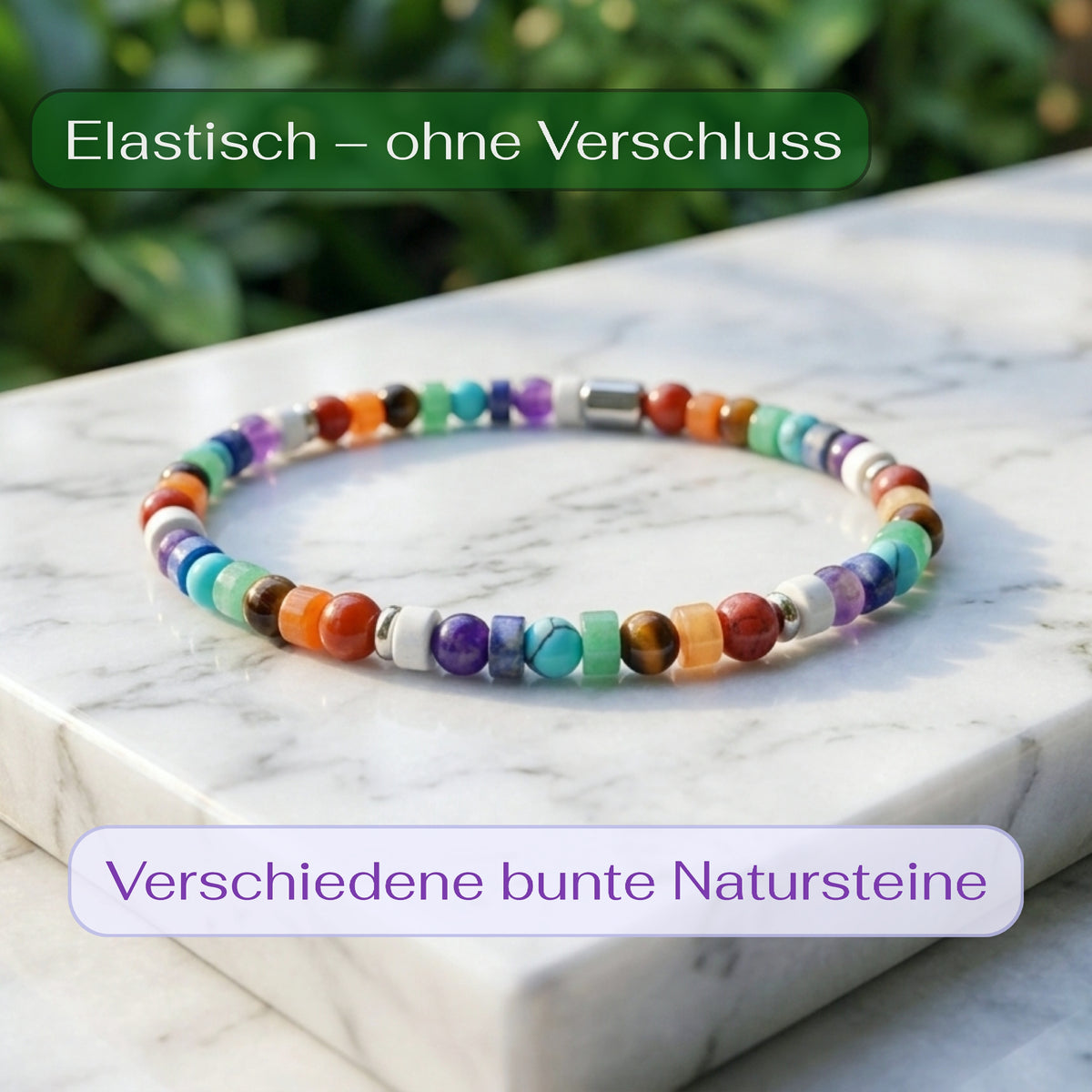 A colorful beaded elastic bracelet made of various natural stones, displayed on a white marble block with green foliage in the background. German text overlays read 'Elastisch - ohne Verschluss' and 'Verschiedene bunte Natursteine'.