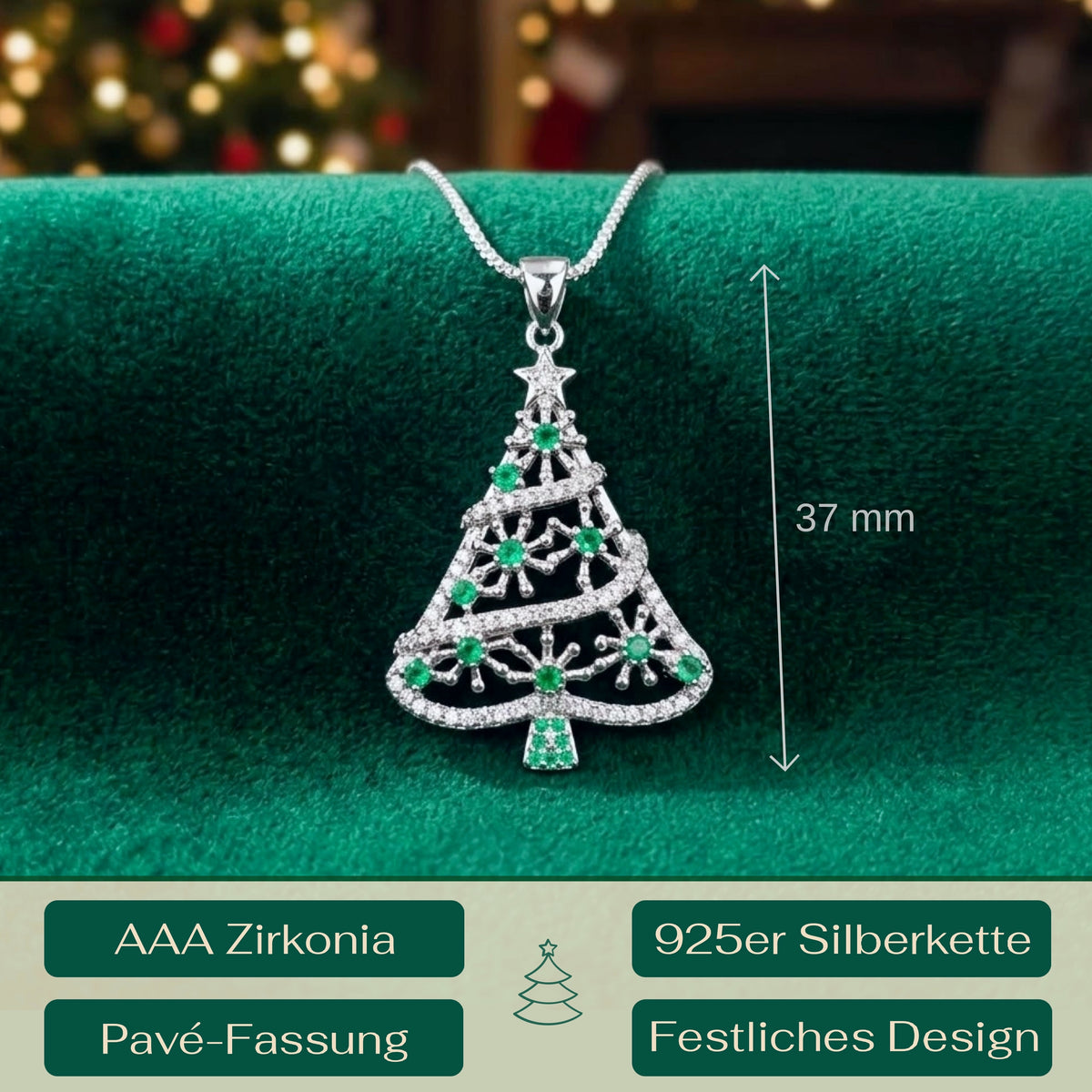 Christmas Tree Necklace - 925 Silver Venetian Chain - Green Festive Crystal Pendant for Women