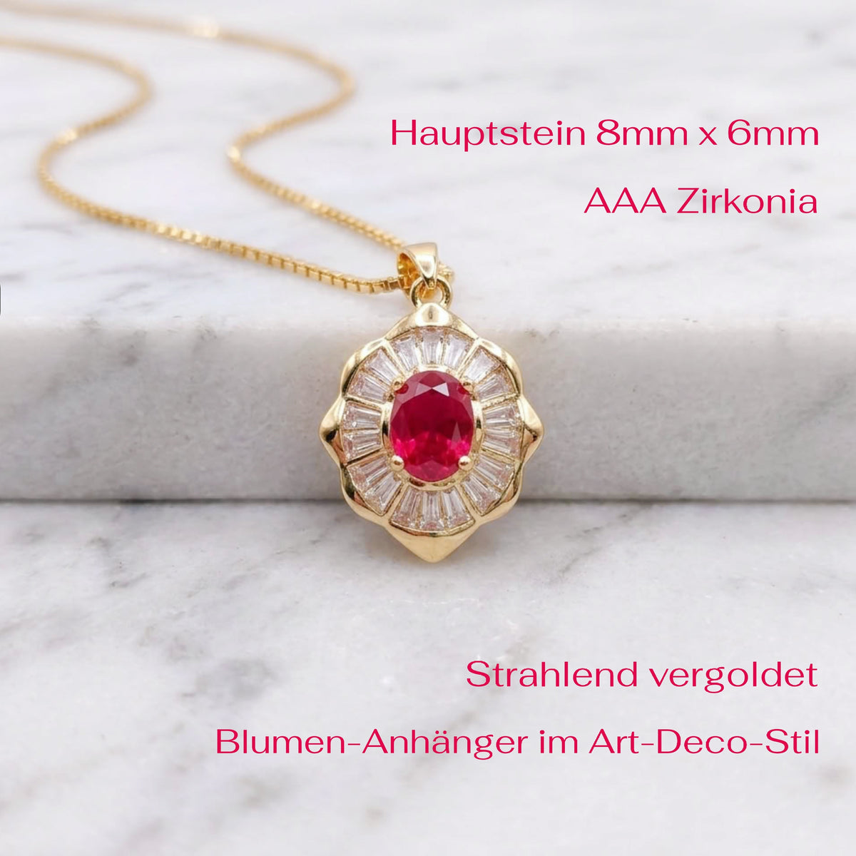 Gold pendant necklace with a flower-shaped setting and a central round pink gemstone, displayed on a white marble surface with German text overlays describing the stone size and gold-plated details.