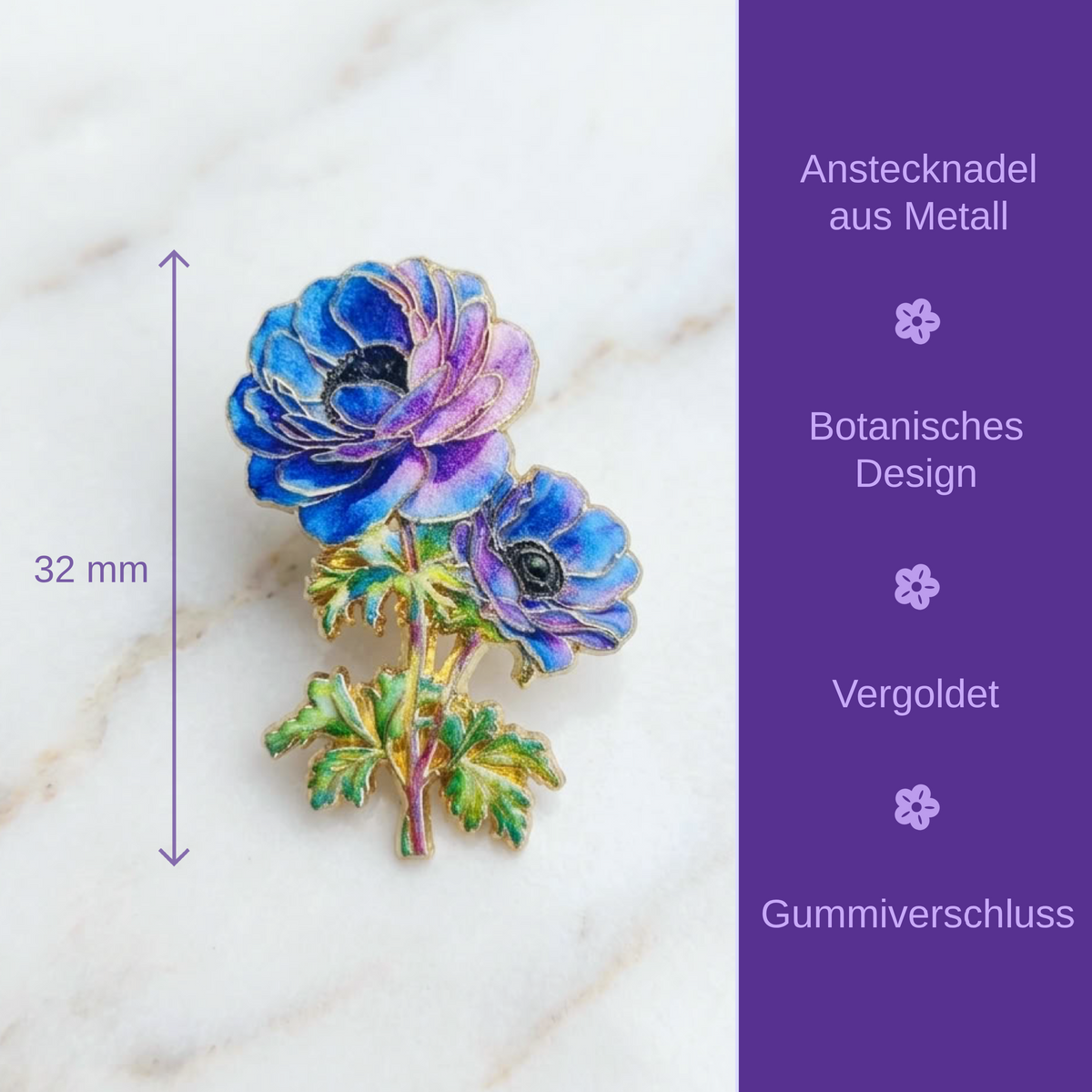 A floral enamel pin with two blue and purple flowers and green leaves on a white marble surface, with a purple side panel showing product features in German and a 32 mm height measurement.