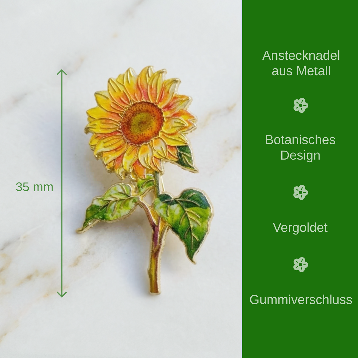 Sunflower-shaped enamel pin on a white marble surface with a green text panel on the right. The pin is shown with a 35 mm height measurement marker, and the right side lists features in German: metal stem, botanical design, gold-plated, and gum closure.