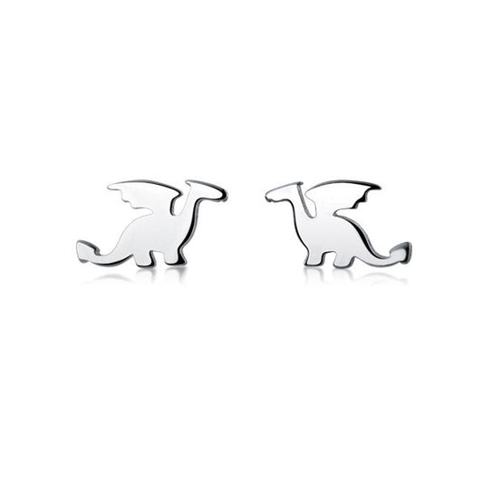 Silver dragon-shaped earrings on a white background