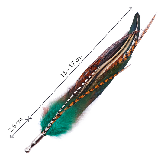 Feather hat pin with measurement details on a white background