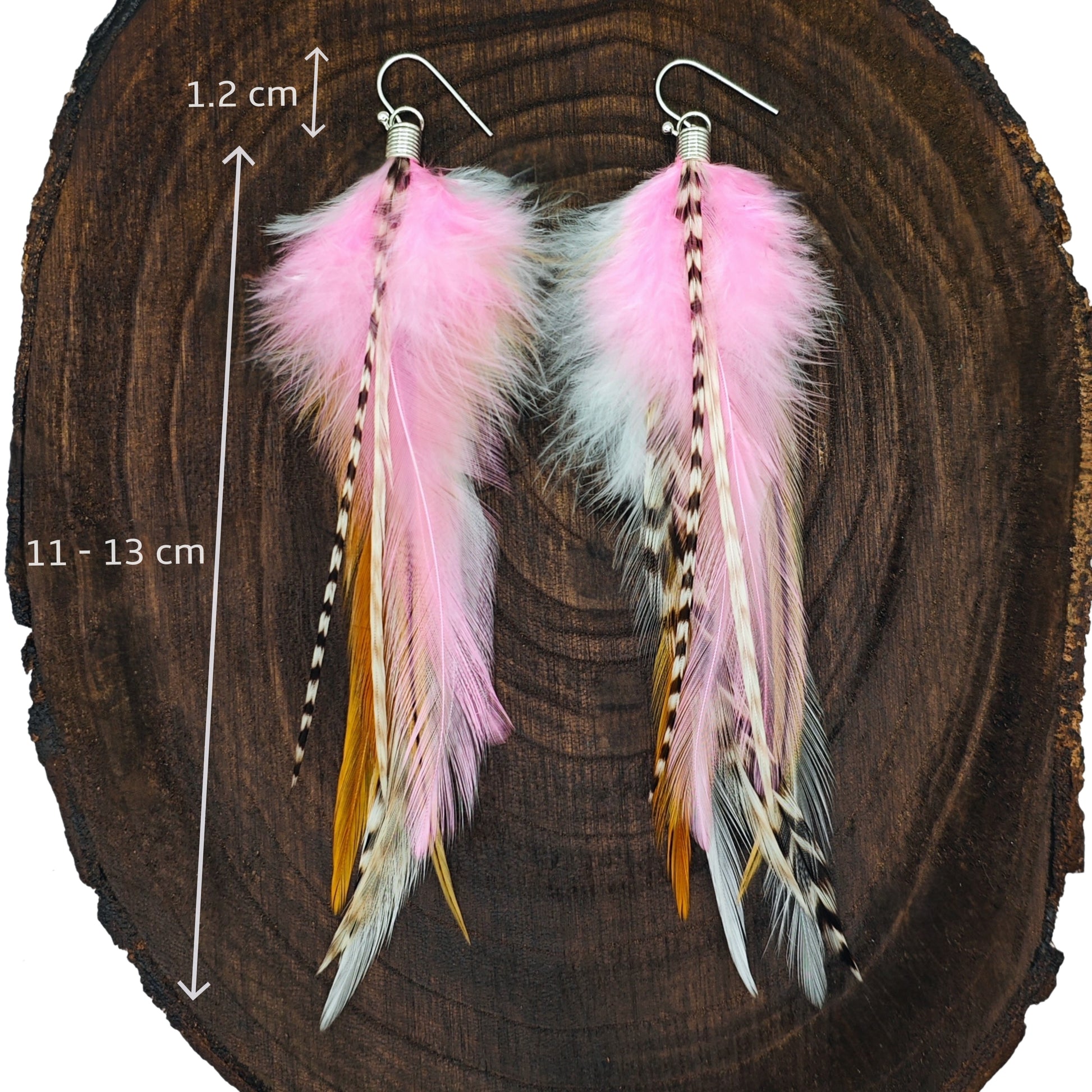 Stripy pink and white feather earrings with the measurements shown