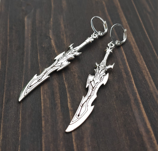 Lightweight long sword earrings made of alloy and stainless steel, ideal for anime costumes.