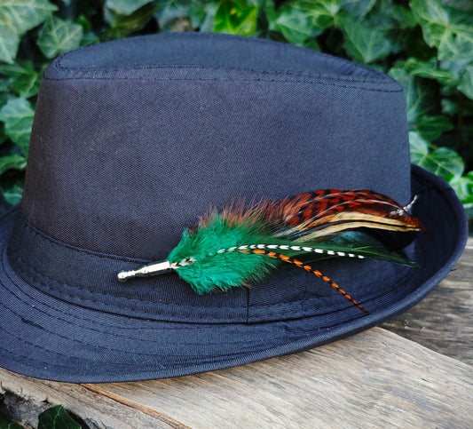 Black fedora hat with a stripy green and brown feather hat pin, on a wooden surface with green foliage in the background