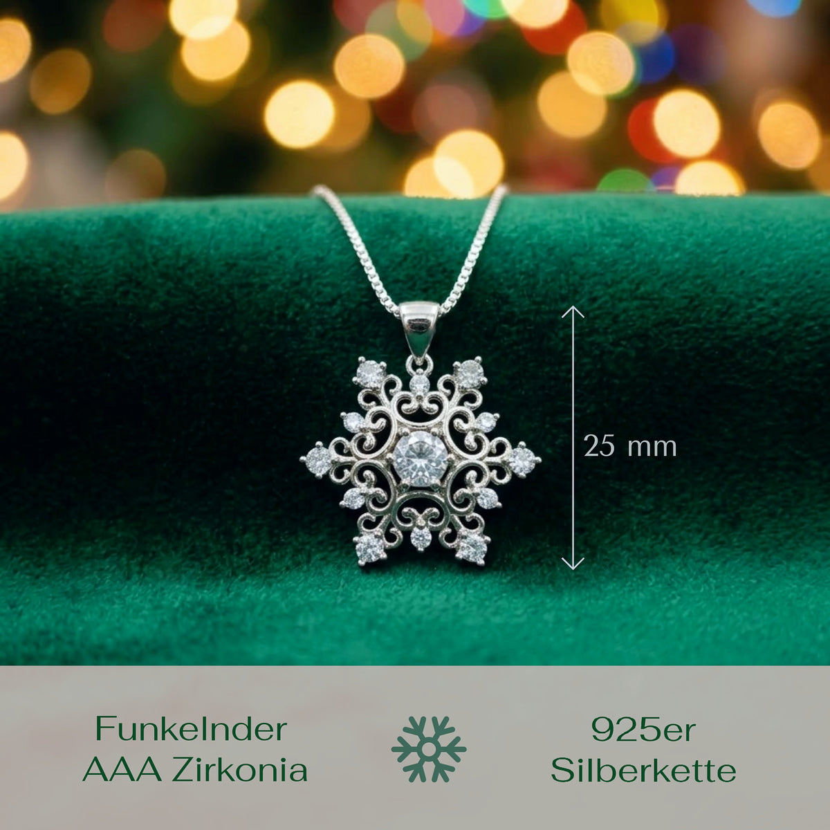 A silver snowflake pendant necklace with clear stones, displayed on a green velvet surface. The image includes a dimension marker indicating 25 mm height and German text at the bottom reading 'Funkelender AAA Zirkonia' and '925er Silberkette'.