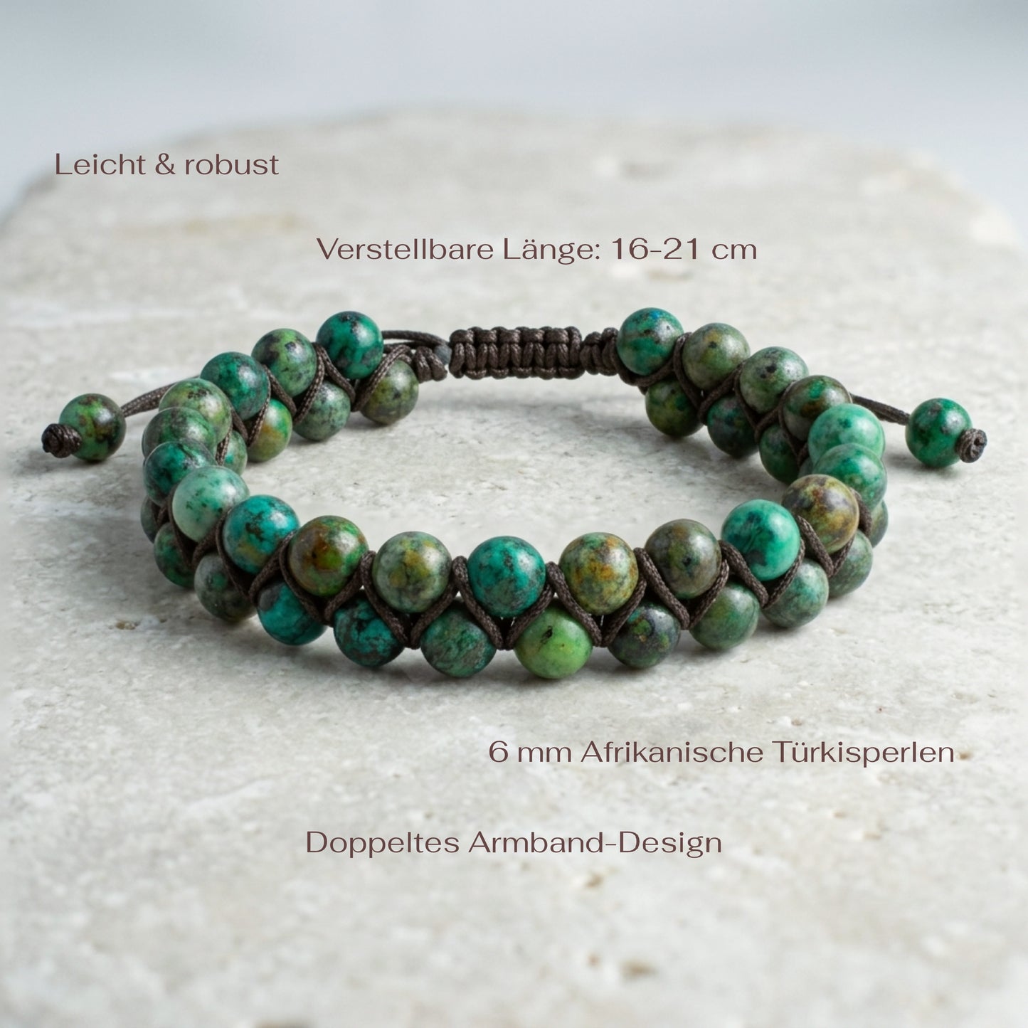 African Turquoise beaded bracelet featuring a double row of beads woven together with an adjustable cord, on a light stone background with measurements