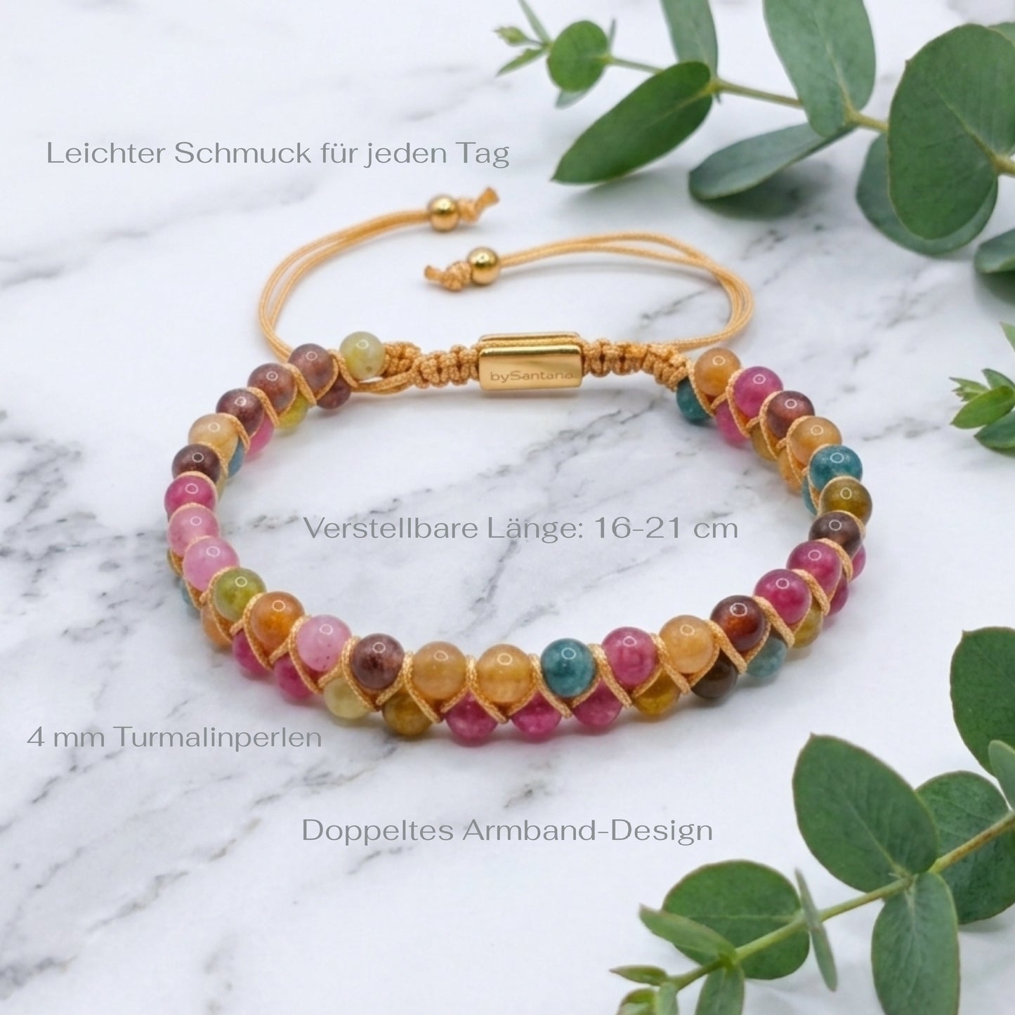 Multicolored Tourmaline beaded gemstone bracelet with beige cord wrapping on a light background with measurements