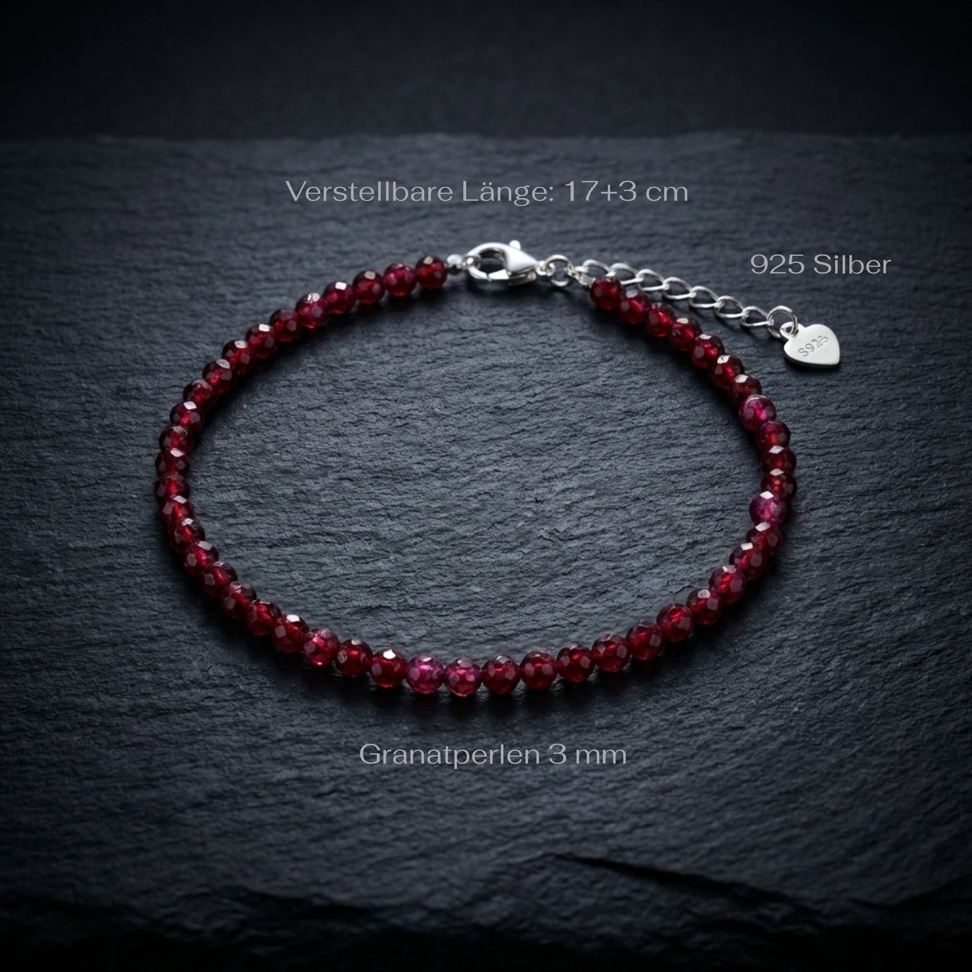 Dark red natural garnet gemstone bead bracelet on a black background with measurements.