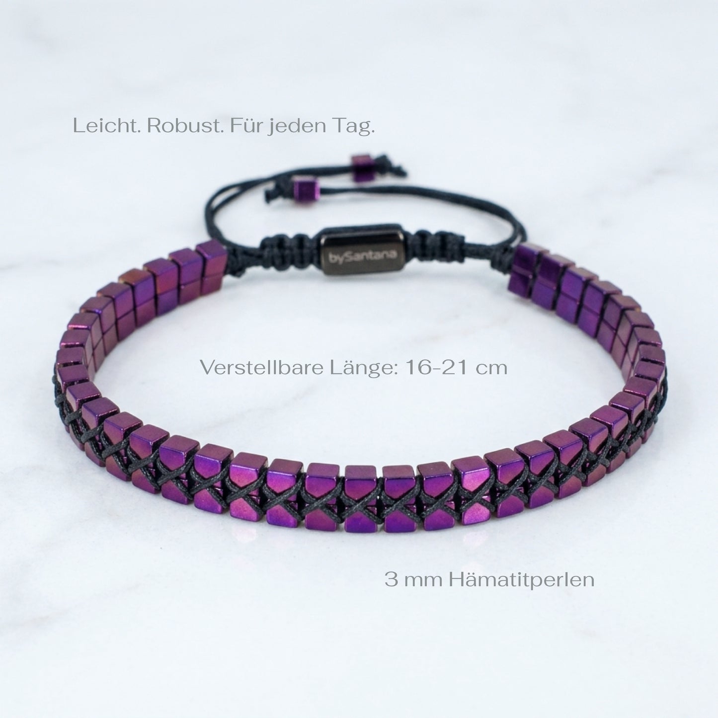 A men's hematite bracelet with mtallic purple cube beads woven together and an adjustable bolo cord, with meaurements