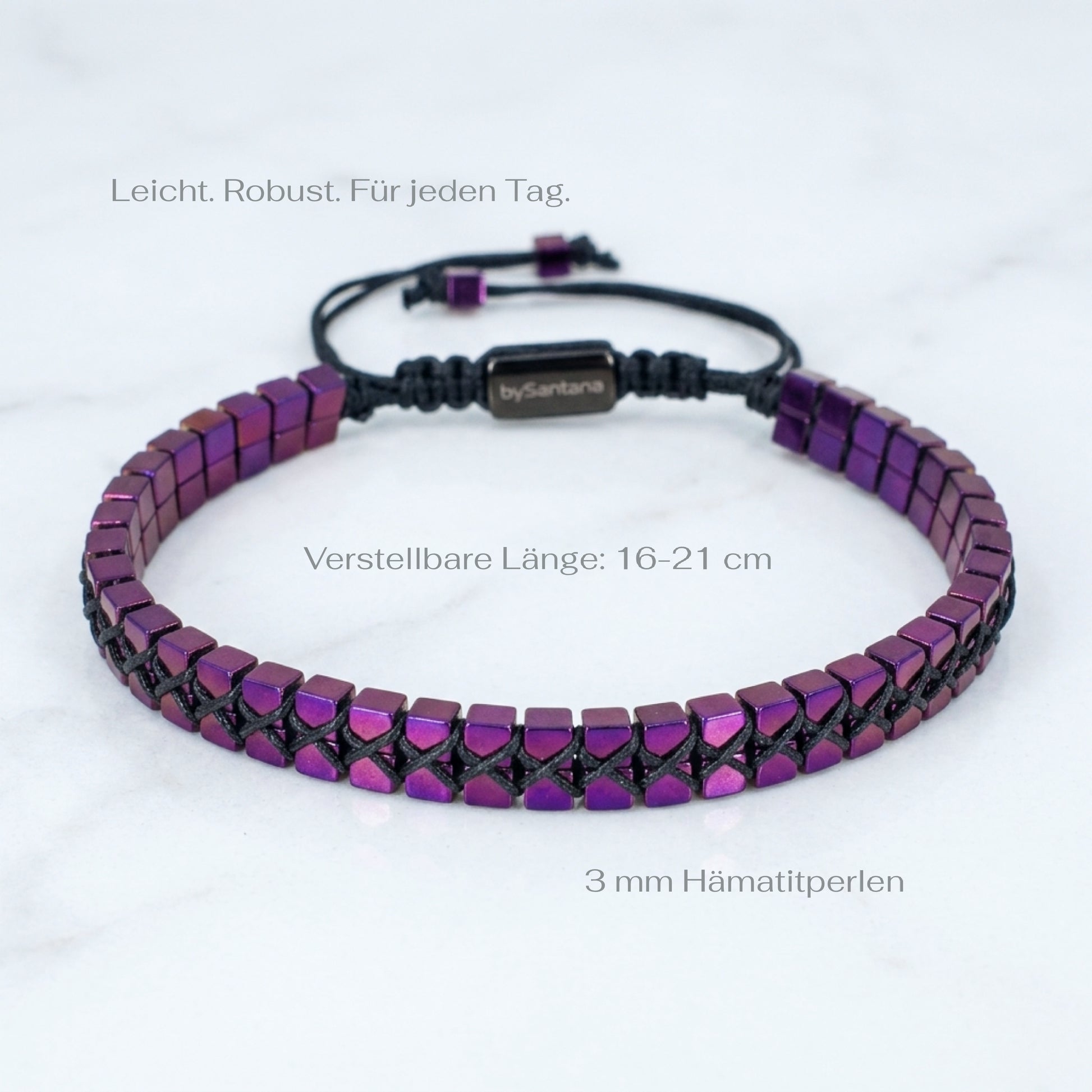 A men's hematite bracelet with mtallic purple cube beads woven together and an adjustable bolo cord, with meaurements