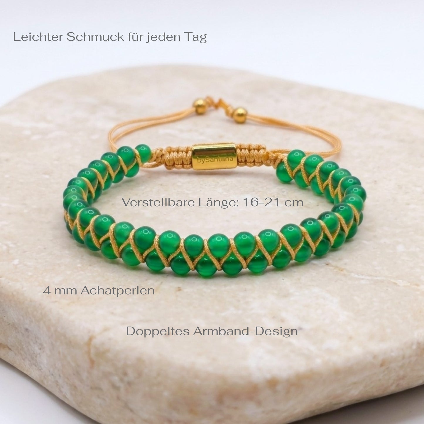 Green agate gemstone beaded bracelet, woven with a double row of natural stone beads, on a stone surface with measurements