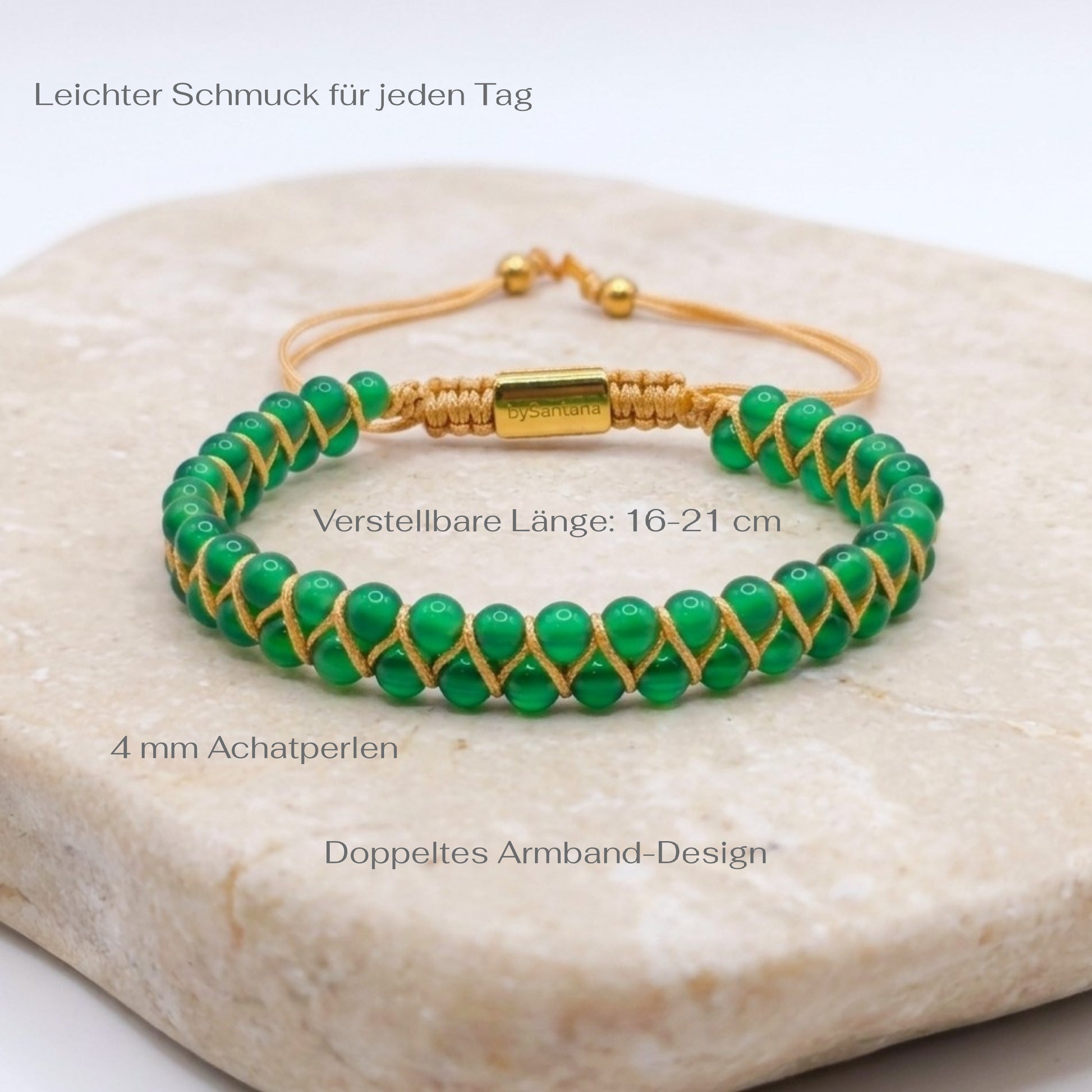 Green agate gemstone beaded bracelet, woven with a double row of natural stone beads, on a stone surface with measurements