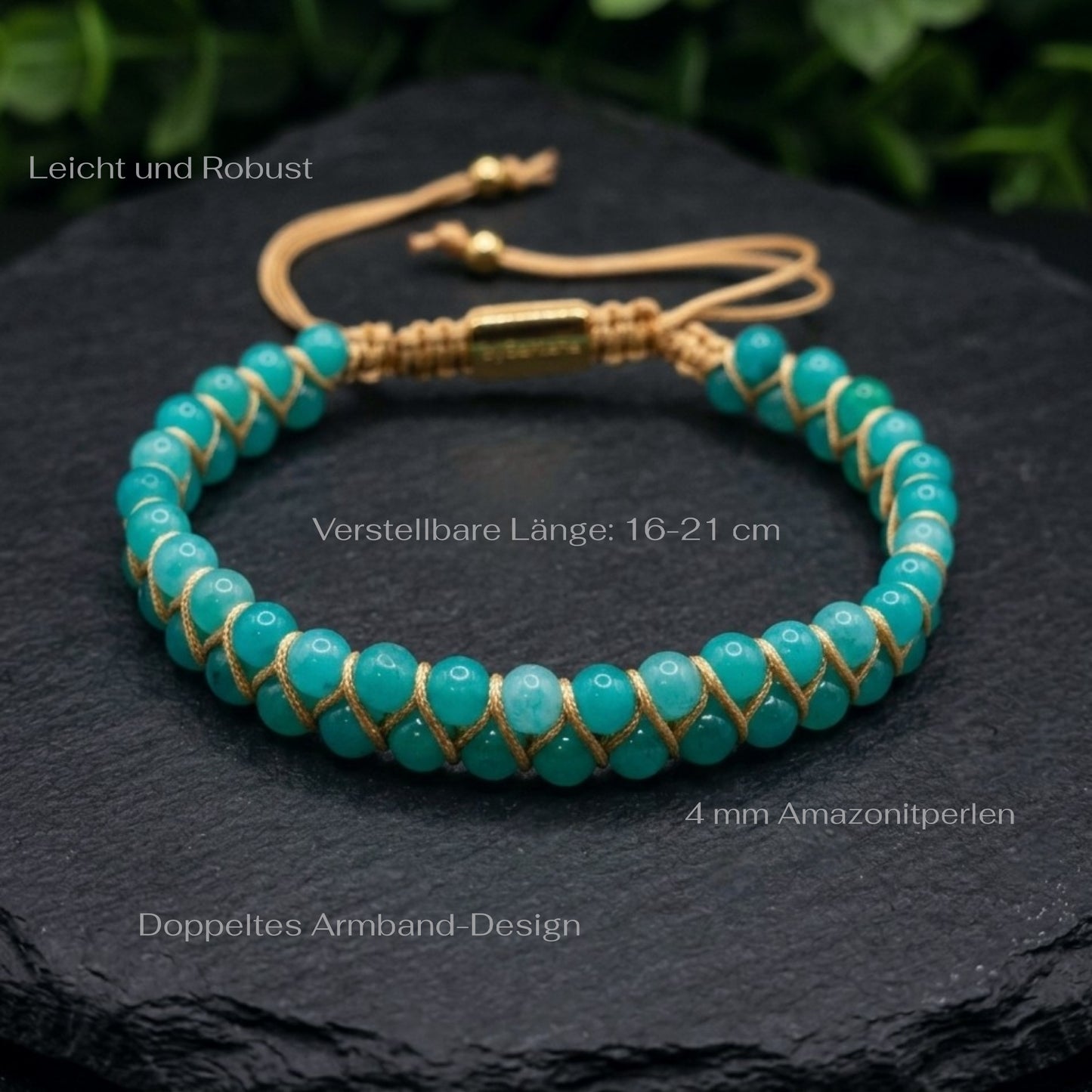 Turquoise beaded bracelet with Amazonite beads and gold accents on a dark surface and measurements shown