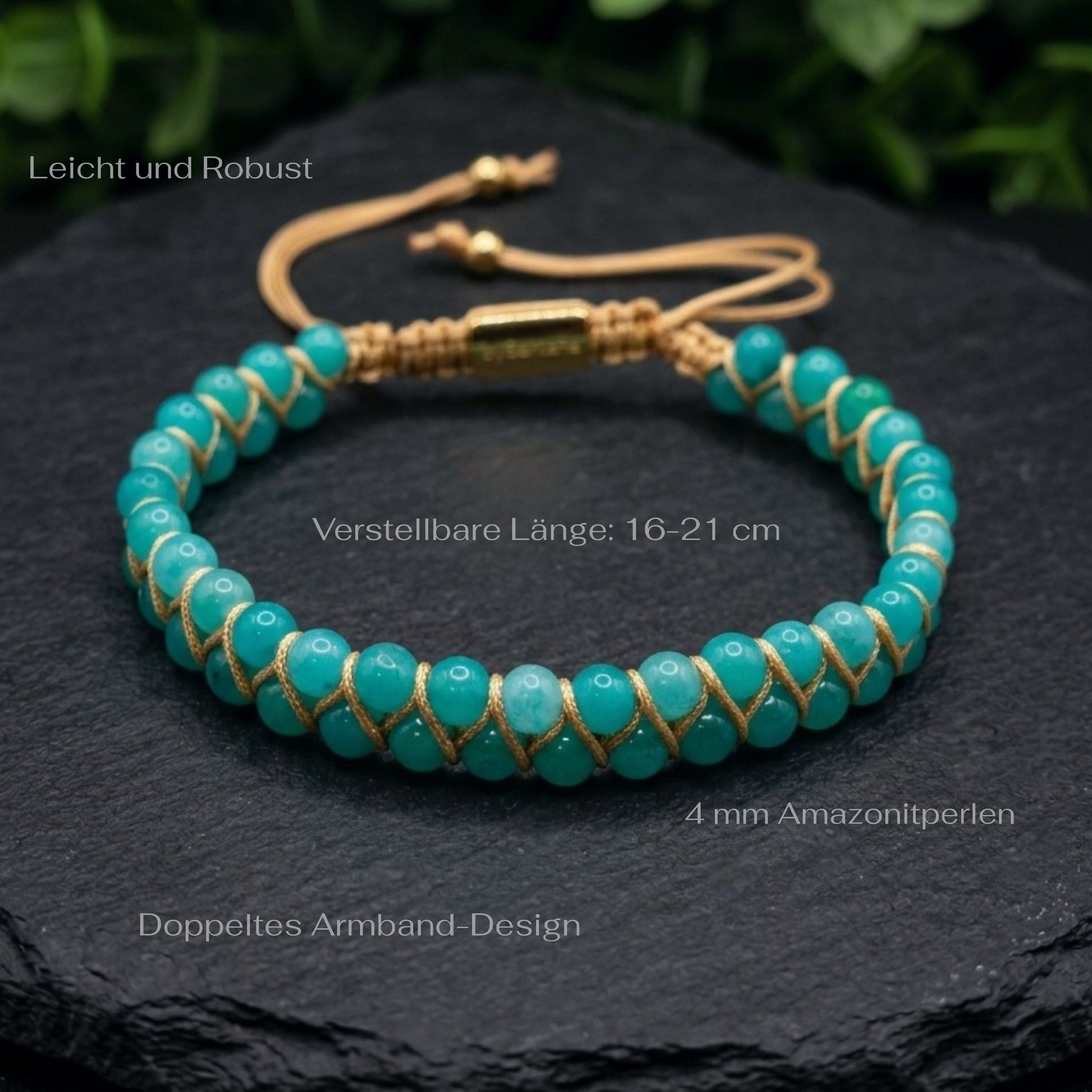 Turquoise beaded bracelet with Amazonite beads and gold accents on a dark surface and measurements shown