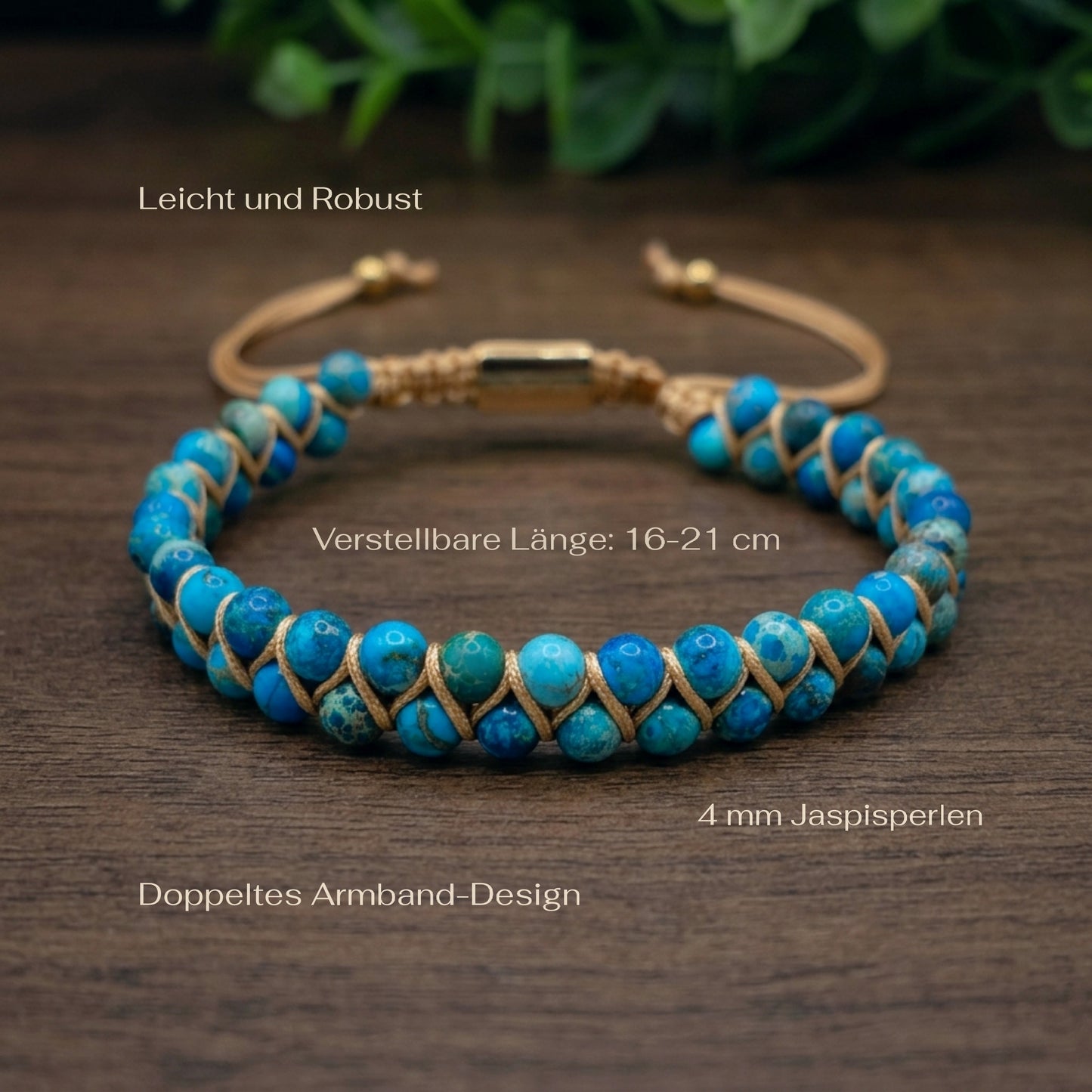 Blue sea sediment jasper beaded gemstone bracelet with gold accents on a wooden surface with measurements