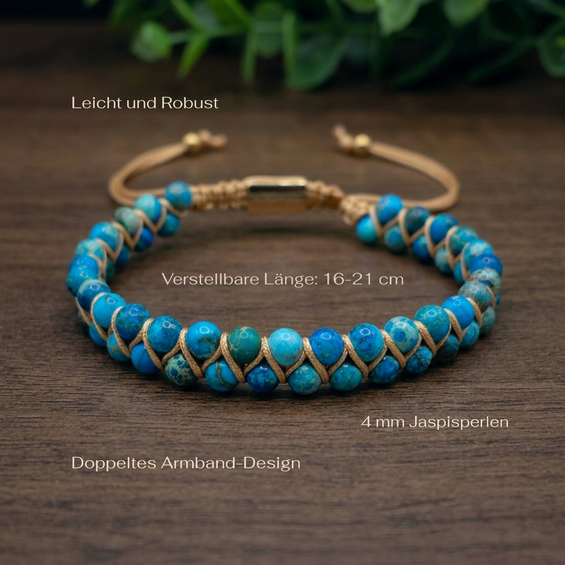 Blue sea sediment jasper beaded gemstone bracelet with gold accents on a wooden surface with measurements