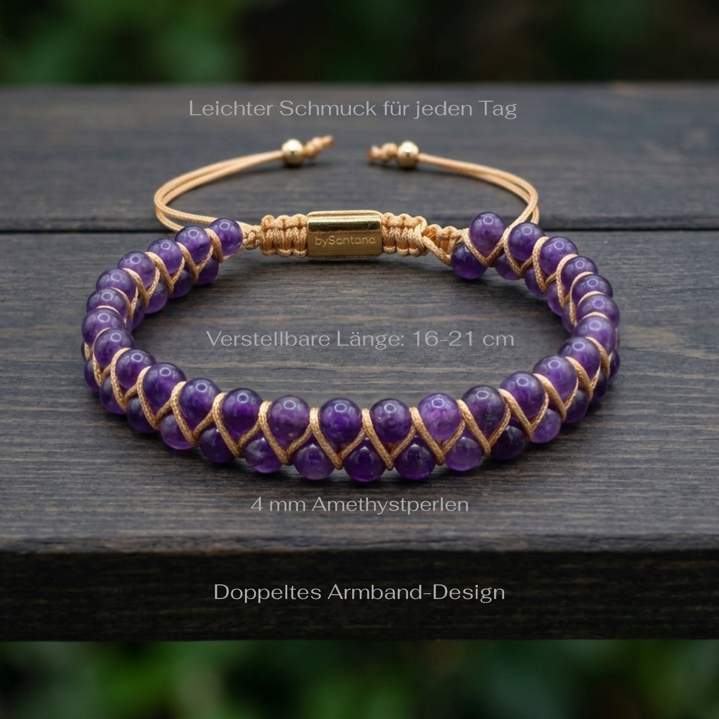 Purple Amethyst beaded gemstone bracelet with gold accents on a wooden surface with measurements shown