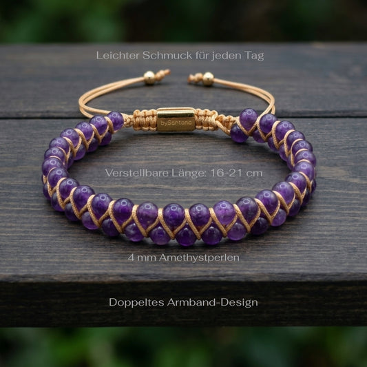 Purple Amethyst beaded gemstone bracelet with gold accents on a wooden surface with measurements shown