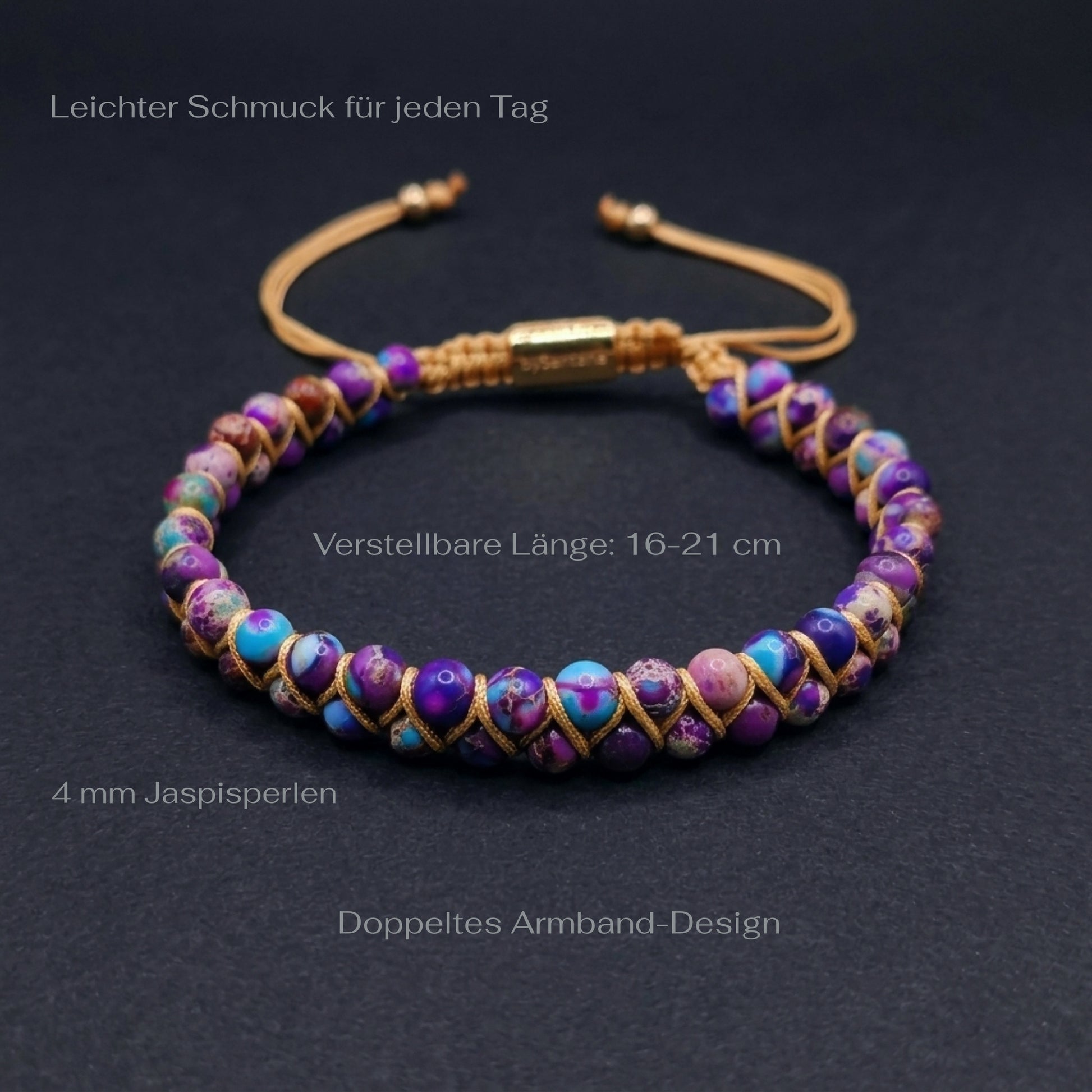 Galaxy sea sediment jasper bead bracelet on a dark surface with measurements. The colorful purple and blue gemstone beads are woven into a double row with an adjustable drawstring clasp.