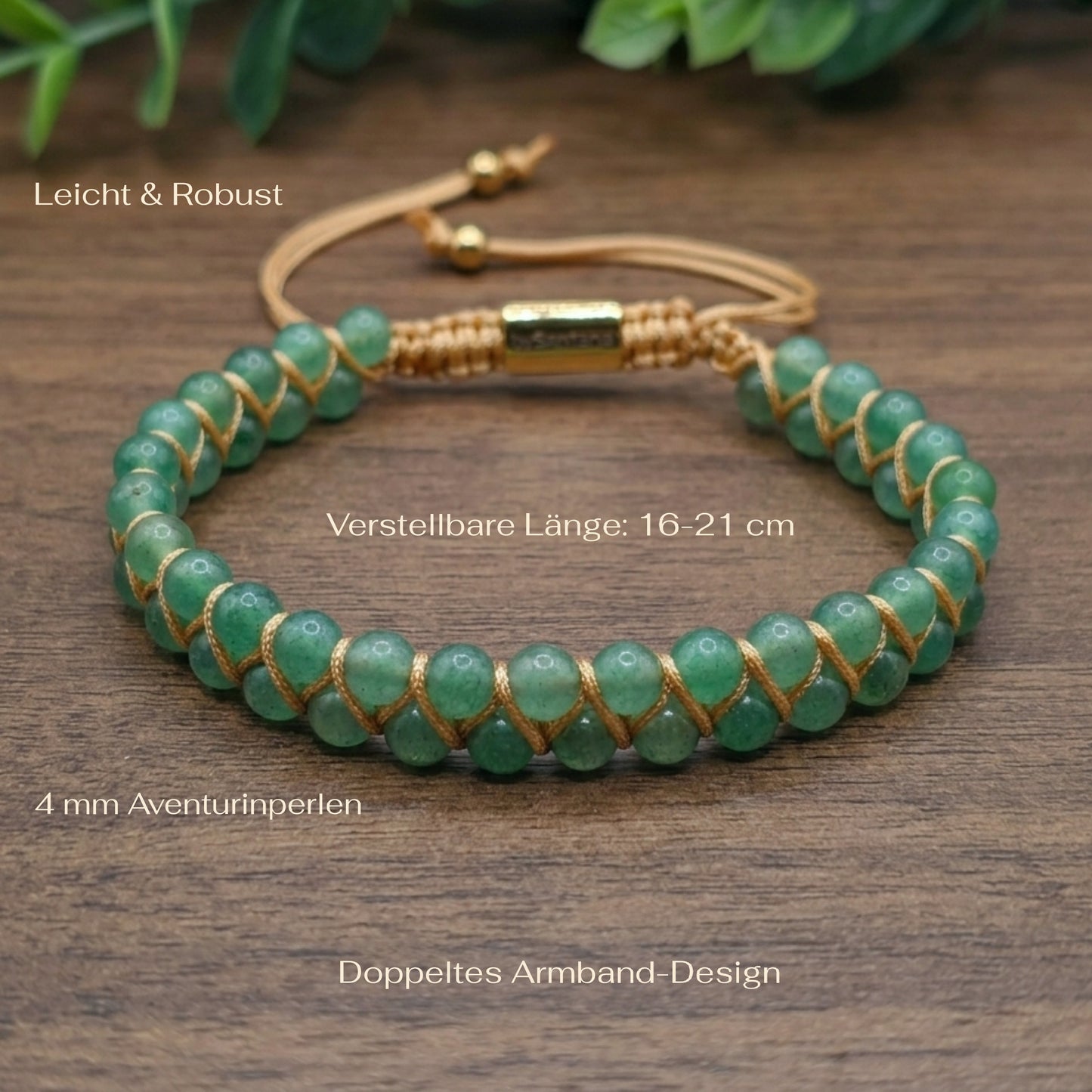 Light green aventurine beaded gemstone bracelet with gold cord on a wood surface with green leaves in the background and measurements shown