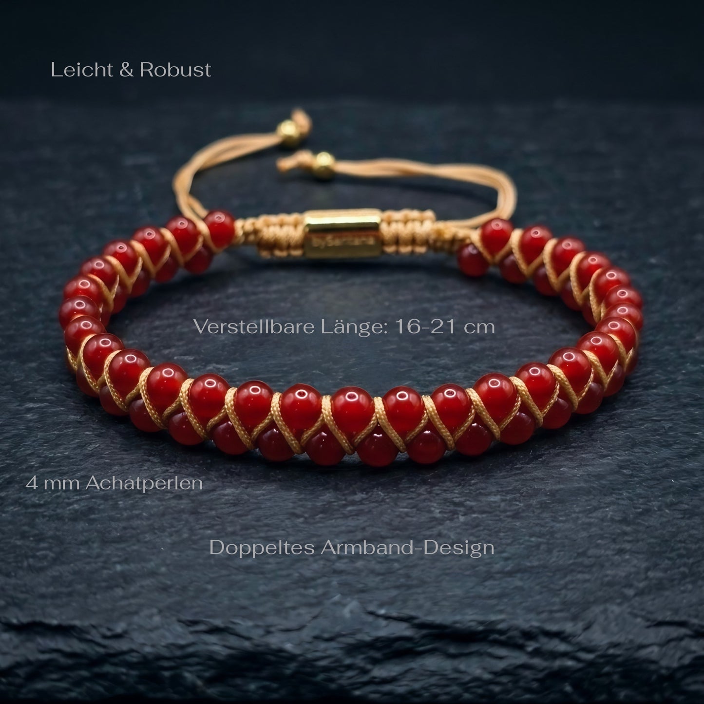 Bead bracelet with red agate gemstone beads in a double row, woven with an adjustable drawstring cord, on a dark stone surface with measurements