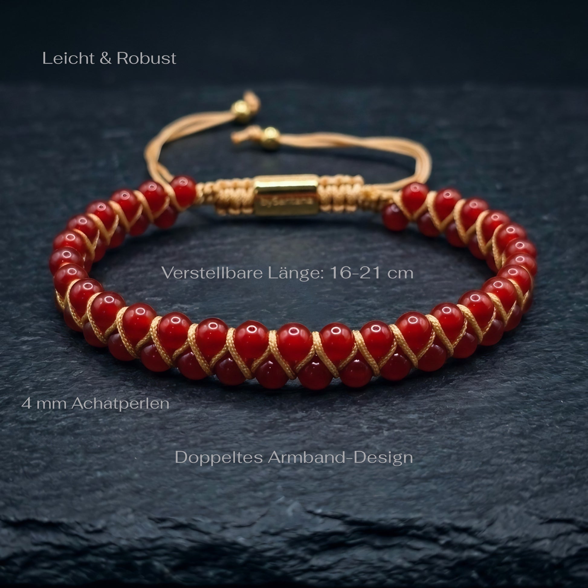 Bead bracelet with red agate gemstone beads in a double row, woven with an adjustable drawstring cord, on a dark stone surface with measurements