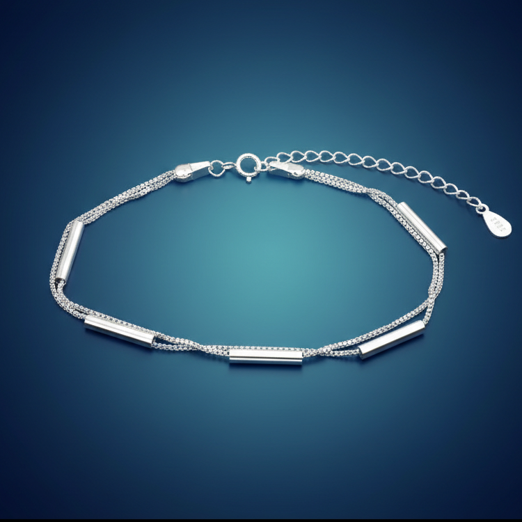 925 Silver Bracelet featuring two Venetian box chains and long silver beads on a blue background