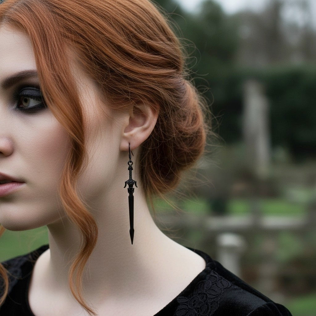 A gothic woman wearing long black medieval sword earrings 