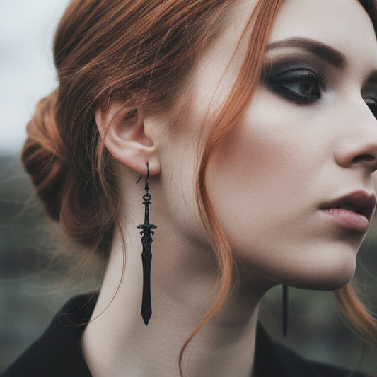 A gothic woman wearing long black sword earrings.