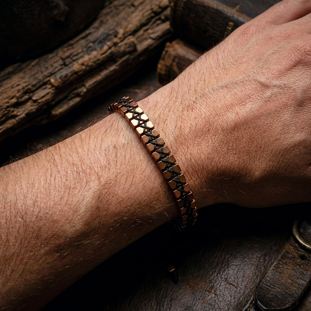 A mans wrist wearing a copper hematite bracelet with cube beads woven together 