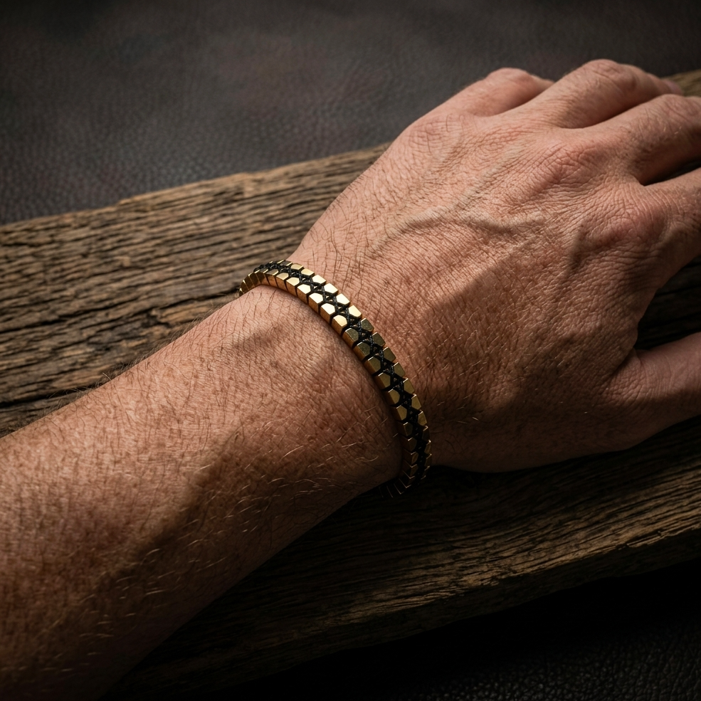 Man's hand wearing a gold bracelet on a wooden surface