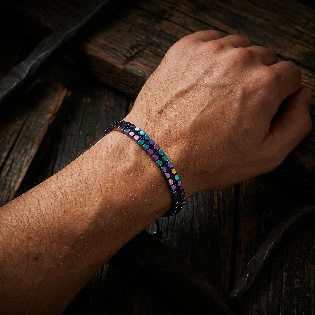 A man's wrist wearing a metallic multicolour rainbow Hematite beaded bracelet with cube beads and adjustable cord on a wooden surface
