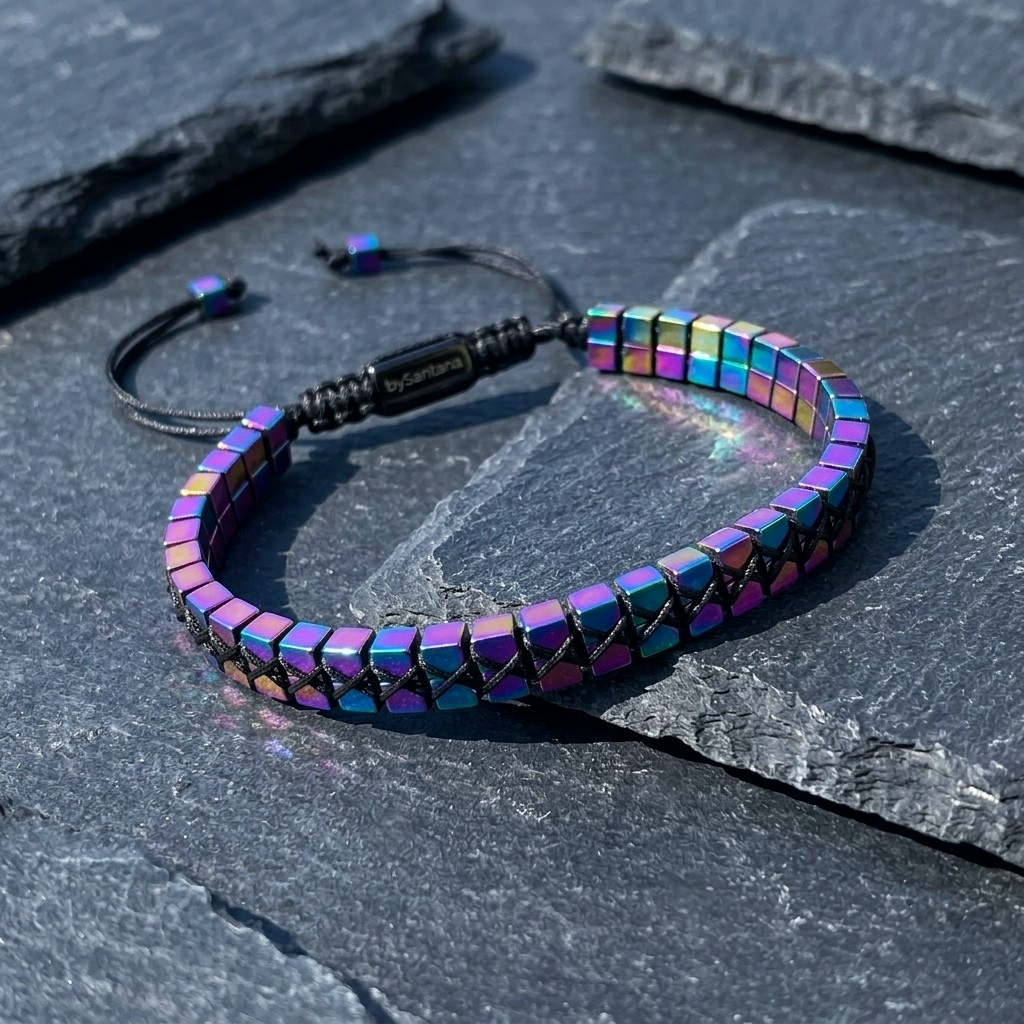 A men's metallic multicolour rainbow Hematite beaded bracelet with cube beads and adjustable cord on a stone surface