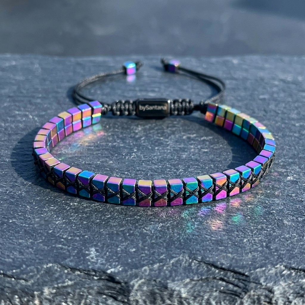 A men's metallic multicolour rainbow Hematite beaded bracelet with cube beads and adjustable cord on a stone surface