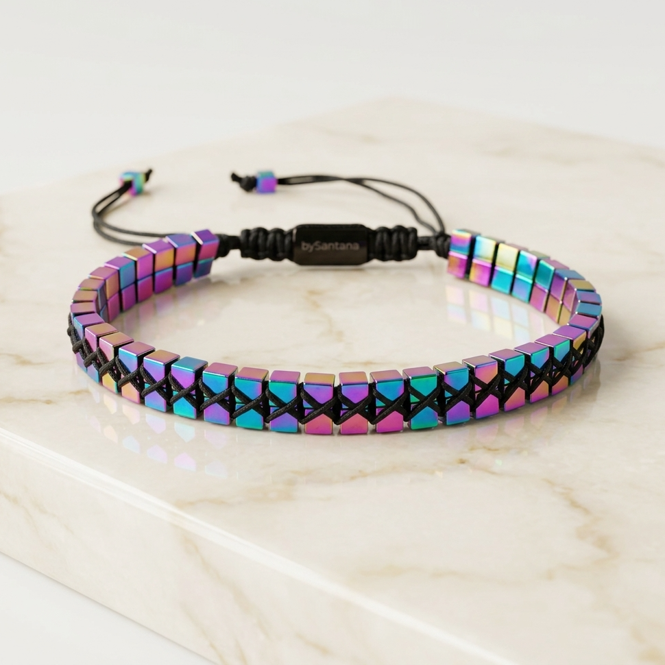 A men's metallic multicolour rainbow Hematite beaded bracelet with cube beads and adjustable cord on a marble surface