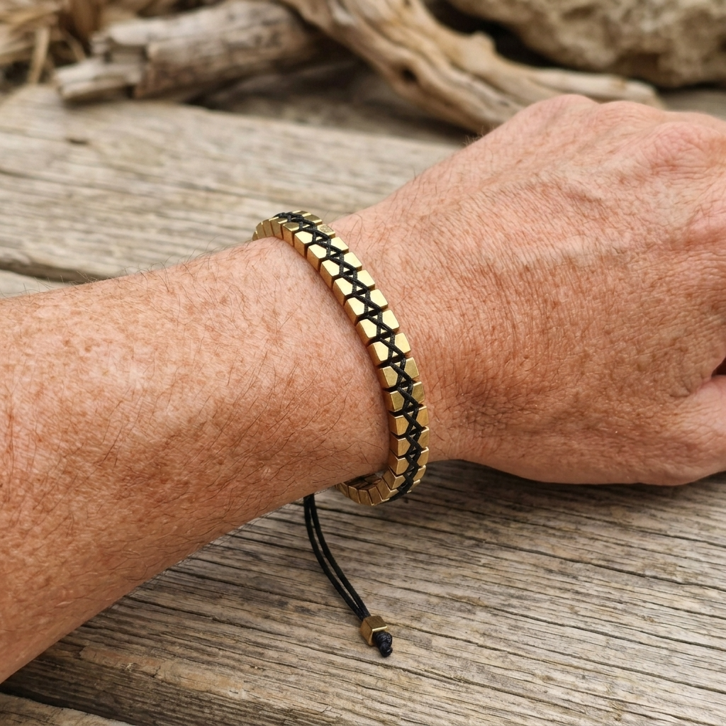 A man's wrist wearing a metallic gold Hematite beaded bracelet woven with cube beads and adjustable cord 