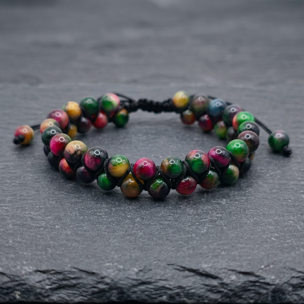 Colourful Tiger's Eye bracelet with a double row of pink, green and yellow gemstone beads, woven together with an adjustable drawstring. The bracelet sits on a dark stone surface