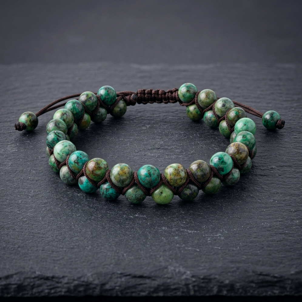African Turquoise beaded bracelet featuring a double row of beads woven together with an adjustable cord, on a dark stone background