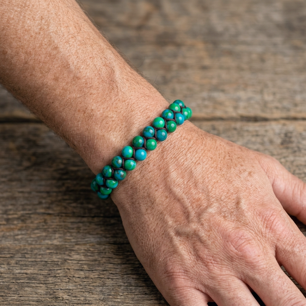 A man's wrist wearing a Chrysocolla bead bracelet featuring a double row of green and blue beads woven together with a brown cord and adjustable bolo drawstring. 