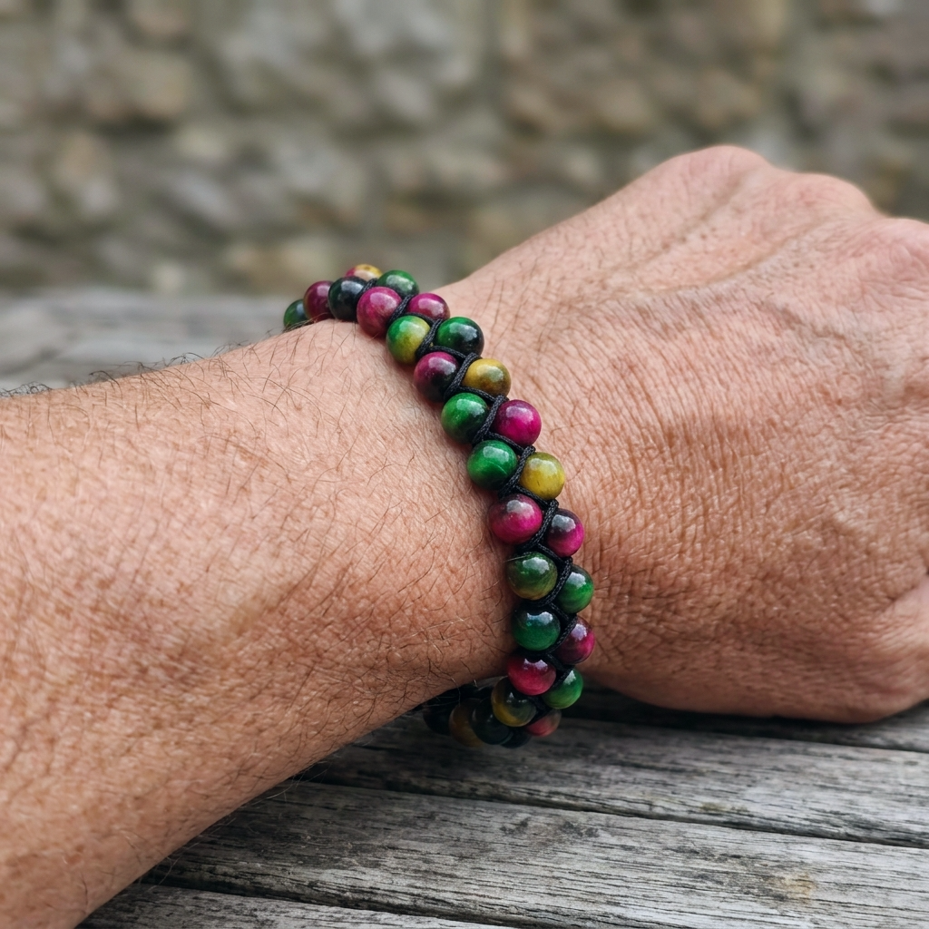 A man's wrist wearing a colourful Tiger's Eye bracelet with a double row of pink, green and yellow gemstone beads