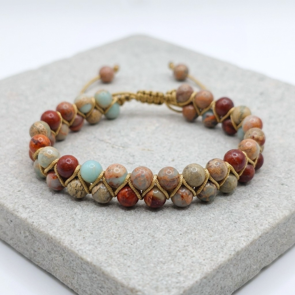 Imperial Jasper bead bracelet with a double layer of beads, woven together and an adjustable bolo drawstring. the beads are blue, red and beige with patterns. The natural gemstone bracelet is on a light stone background.
