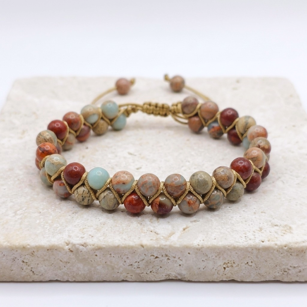 Sea sediment Jasper bead bracelet with a double layer of beads, woven together and an adjustable bolo drawstring. the beads are blue, red and beige with patterns. The natural gemstone bracelet is on a light stone background with greenery.