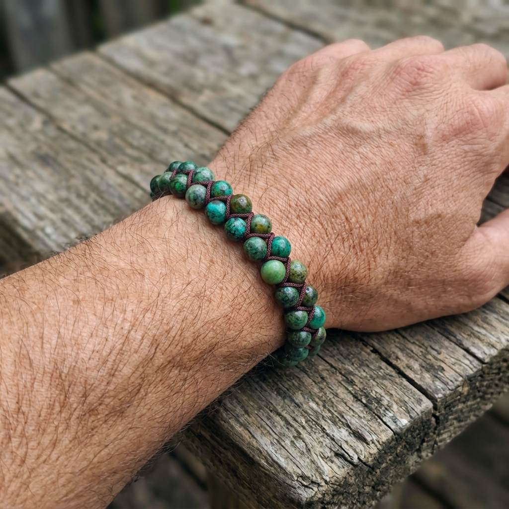 African Turquoise beaded bracelet featuring a double row of beads on a man's wrist with a wooden background