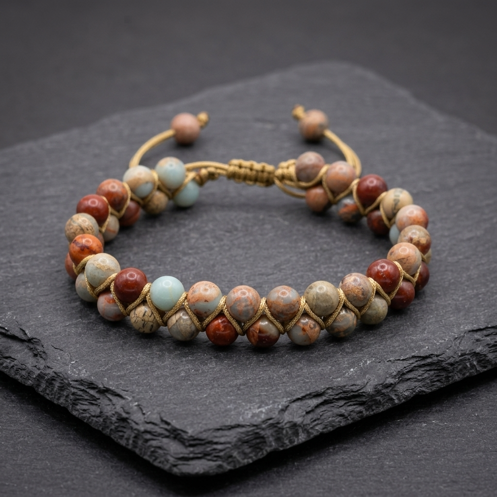 Shoushan Jasper or snakeskin jasper bead bracelet with a double layer of beads, woven together and an adjustable bolo drawstring. the beads are blue, red and beige with patterns. The natural gemstone bracelet is on a dark stone background
