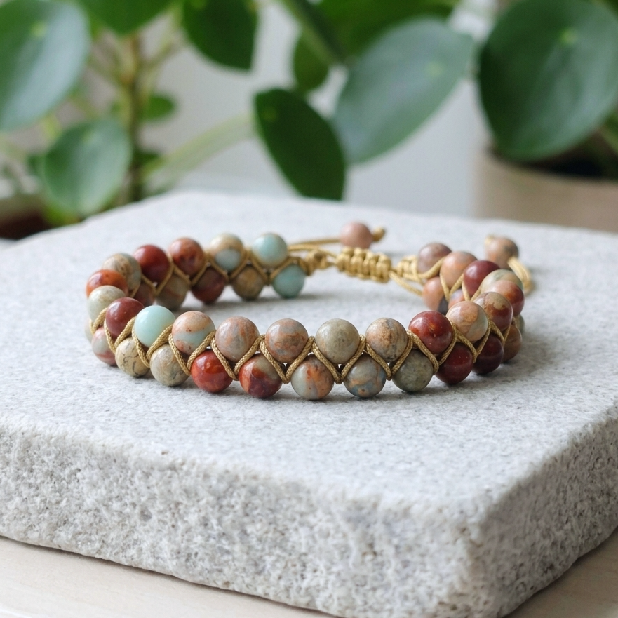 Shoushan Jasper bead bracelet with a double layer of beads, woven together and an adjustable bolo drawstring. the beads are blue, red and beige with patterns. The natural gemstone bracelet is on a light stone background with greenery.
