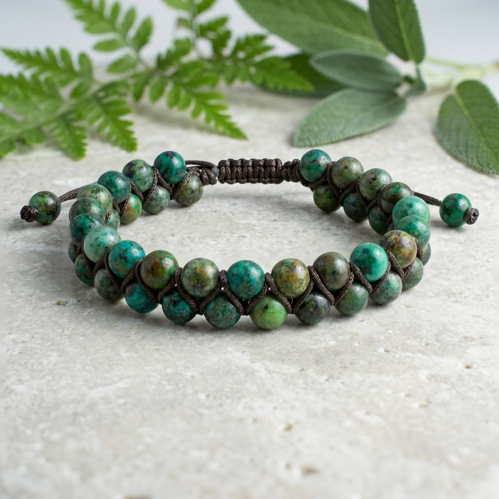 African Turquoise natural gemstone beaded bracelet featuring a double row of beads woven together with an adjustable cord, on a light stone background with greenery