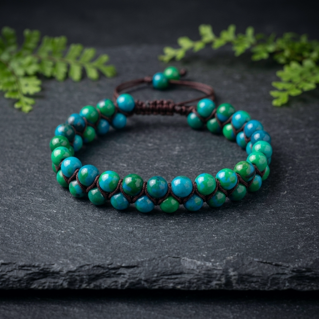 Chrysocolla bead bracelet featuring a double row of green and blue beads woven together with a brown cord and adjustable bolo drawstring. The natural colourful gemstone bracelet sits on a dark stone background with greenery