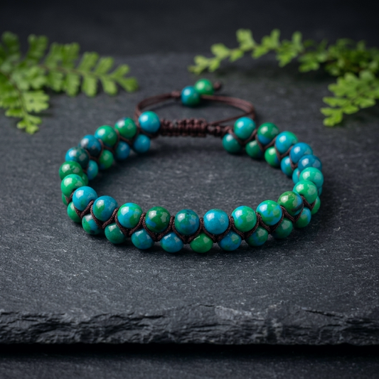 Chrysocolla bead bracelet featuring a double row of green and blue beads woven together with a brown cord and adjustable bolo drawstring. The natural colourful gemstone bracelet sits on a dark stone background with greenery